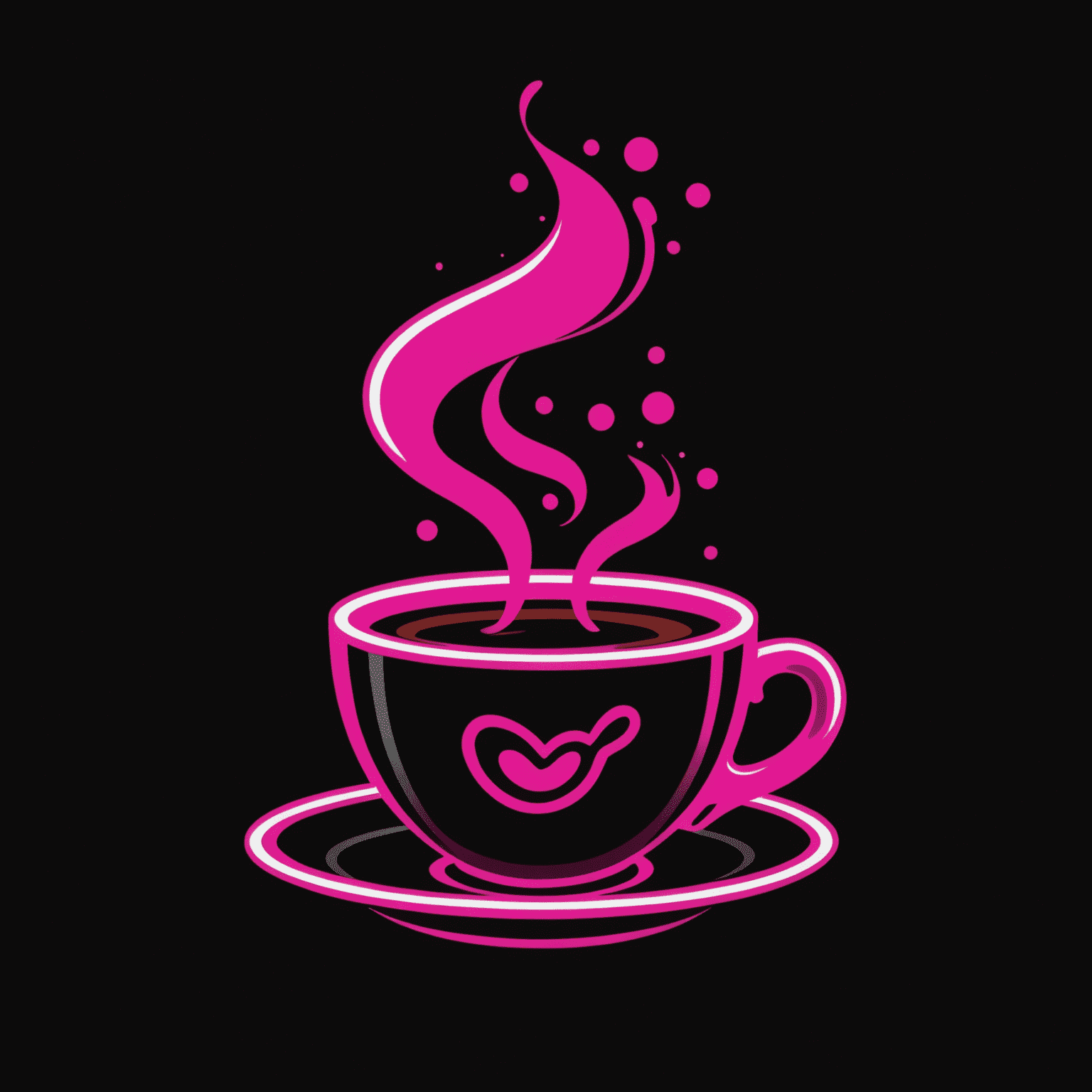 Kastergolad Coffee logo - A stylized coffee cup with neon pink steam rising, set against a dark background