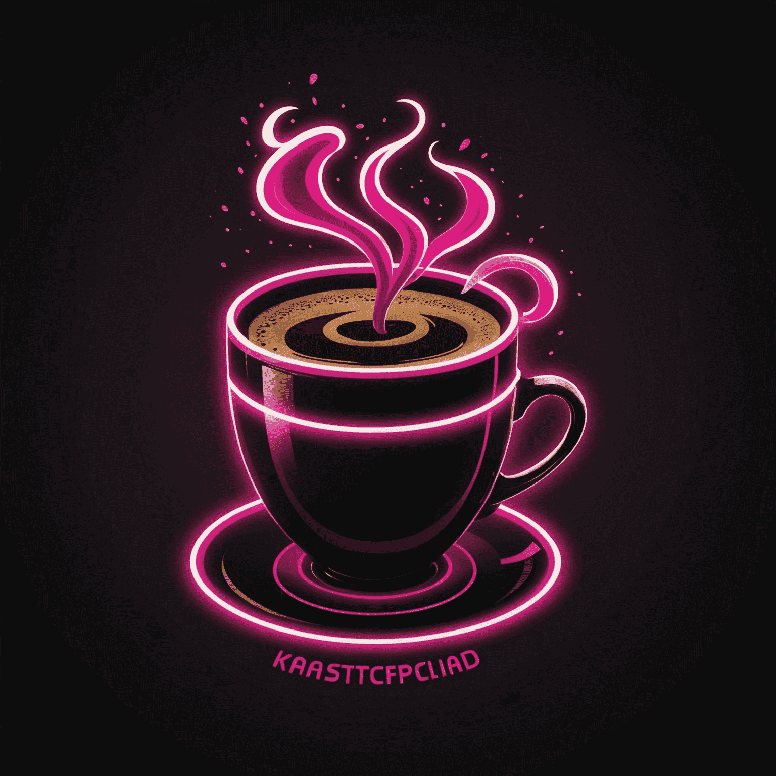 Kastergolad Coffee logo - A stylized coffee cup with neon pink steam rising, set against a dark background