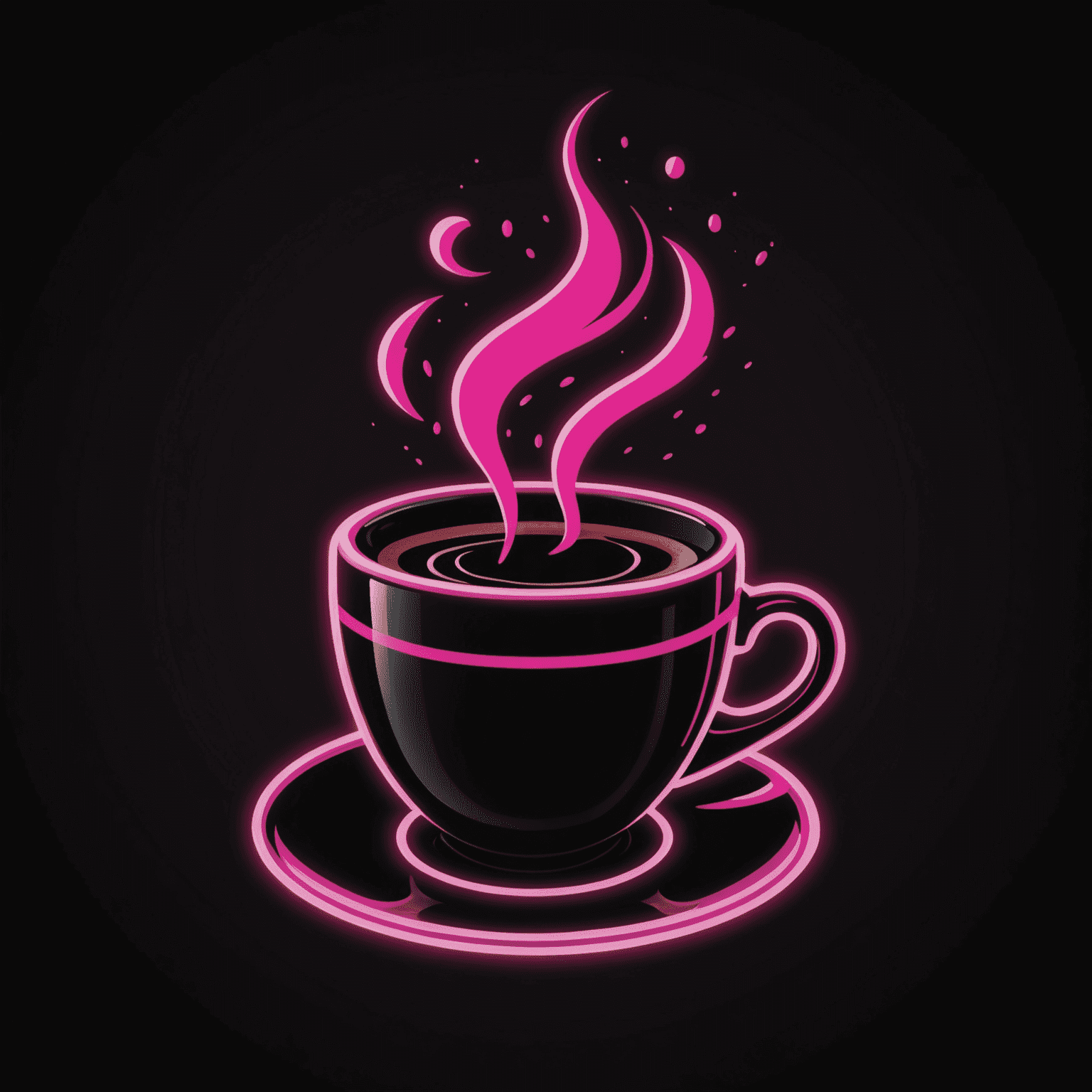 Kastergolad Coffee logo - A stylized coffee cup with neon pink steam rising, set against a dark background