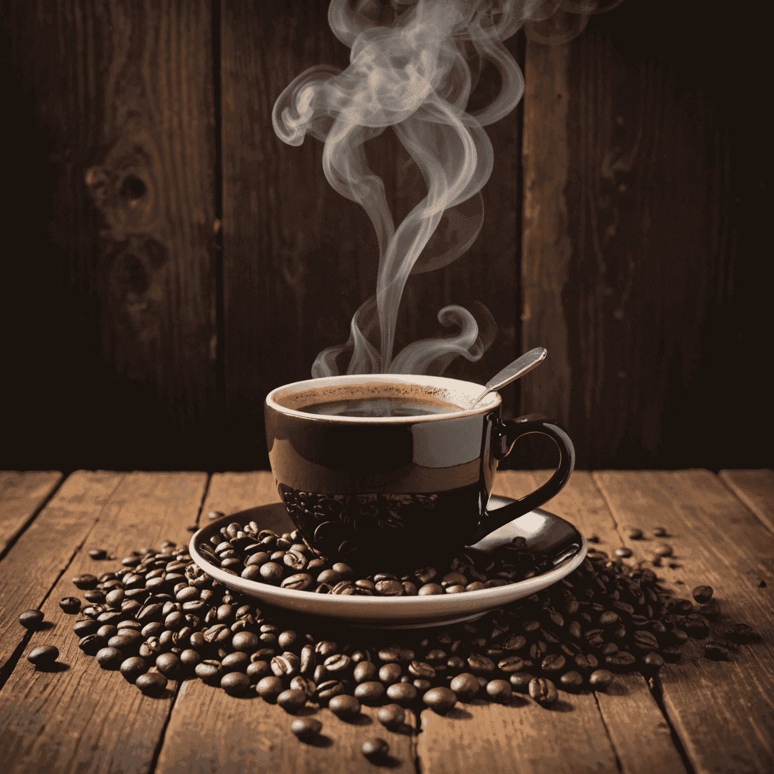 A steaming cup of rich, dark coffee next to freshly roasted coffee beans from Brazil. The image showcases the deep brown color of the beans and the aromatic steam rising from the cup, set against a rustic wooden background.