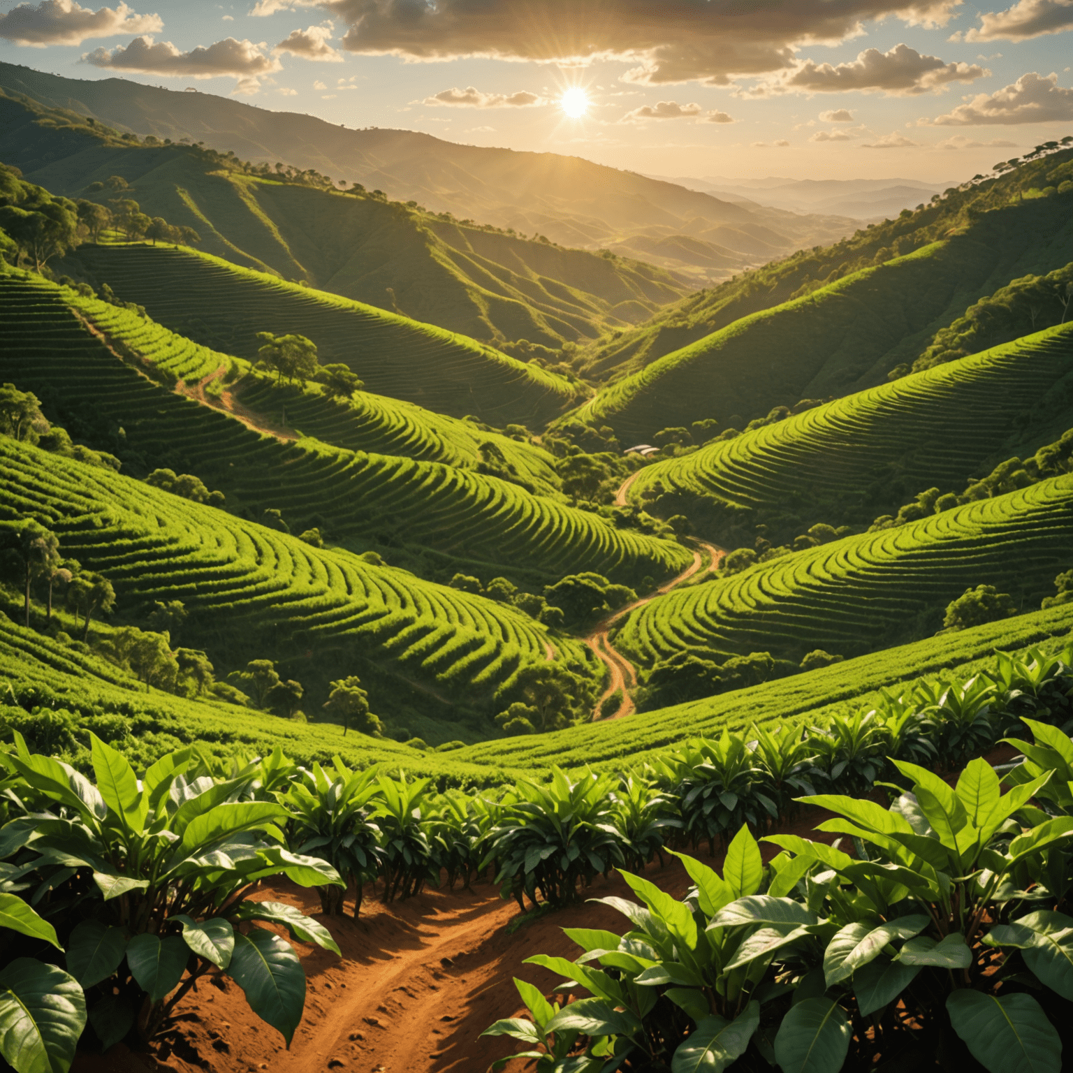 Lush Brazilian coffee plantation with vibrant green coffee plants stretching across rolling hills, bathed in golden sunlight
