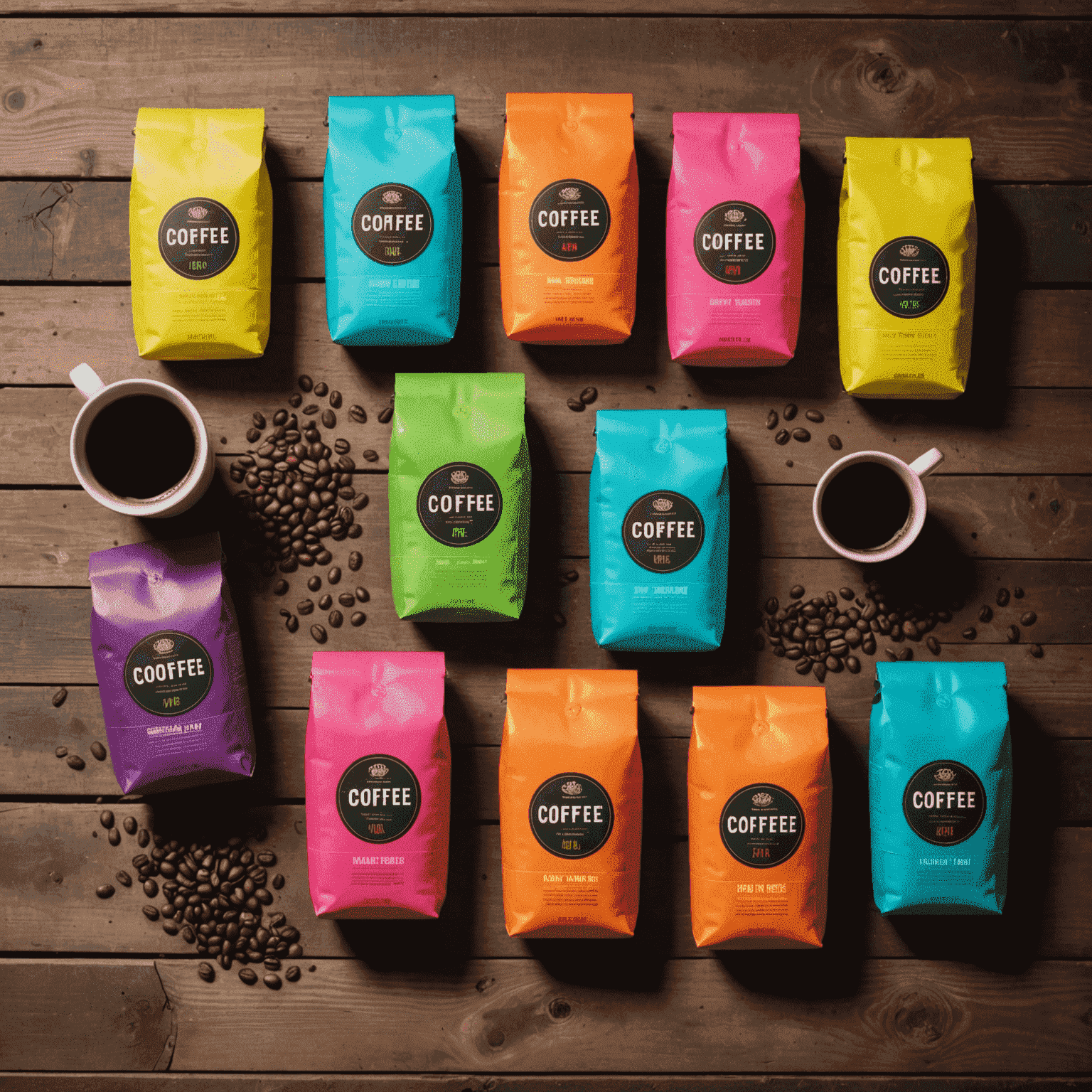 A vibrant display of seasonal coffee blends in colorful packaging, arranged on a rustic wooden table with neon accents in the background