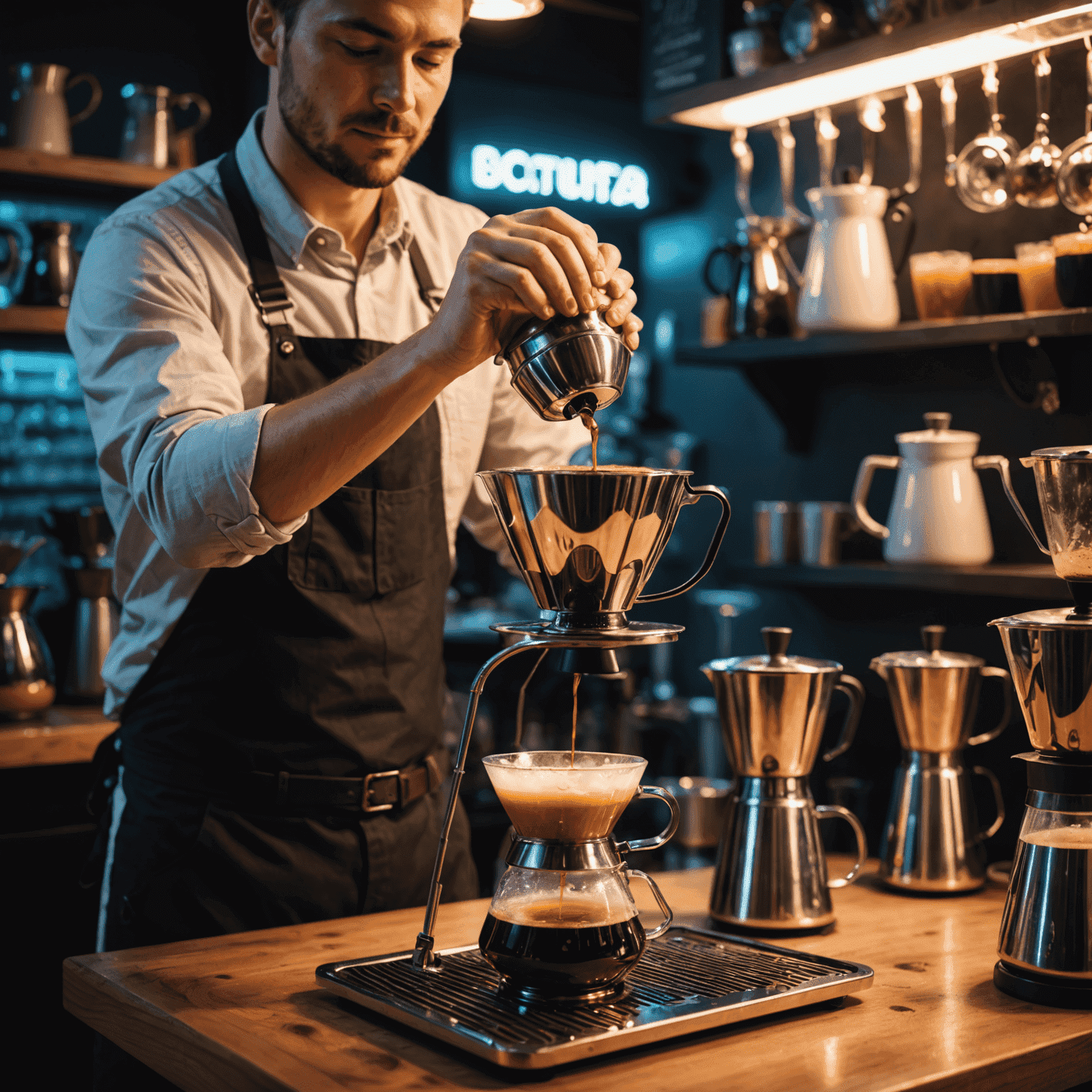 A barista carefully pouring hot water over a V60 pour-over setup, with steam rising and neon lights reflecting off the shiny equipment