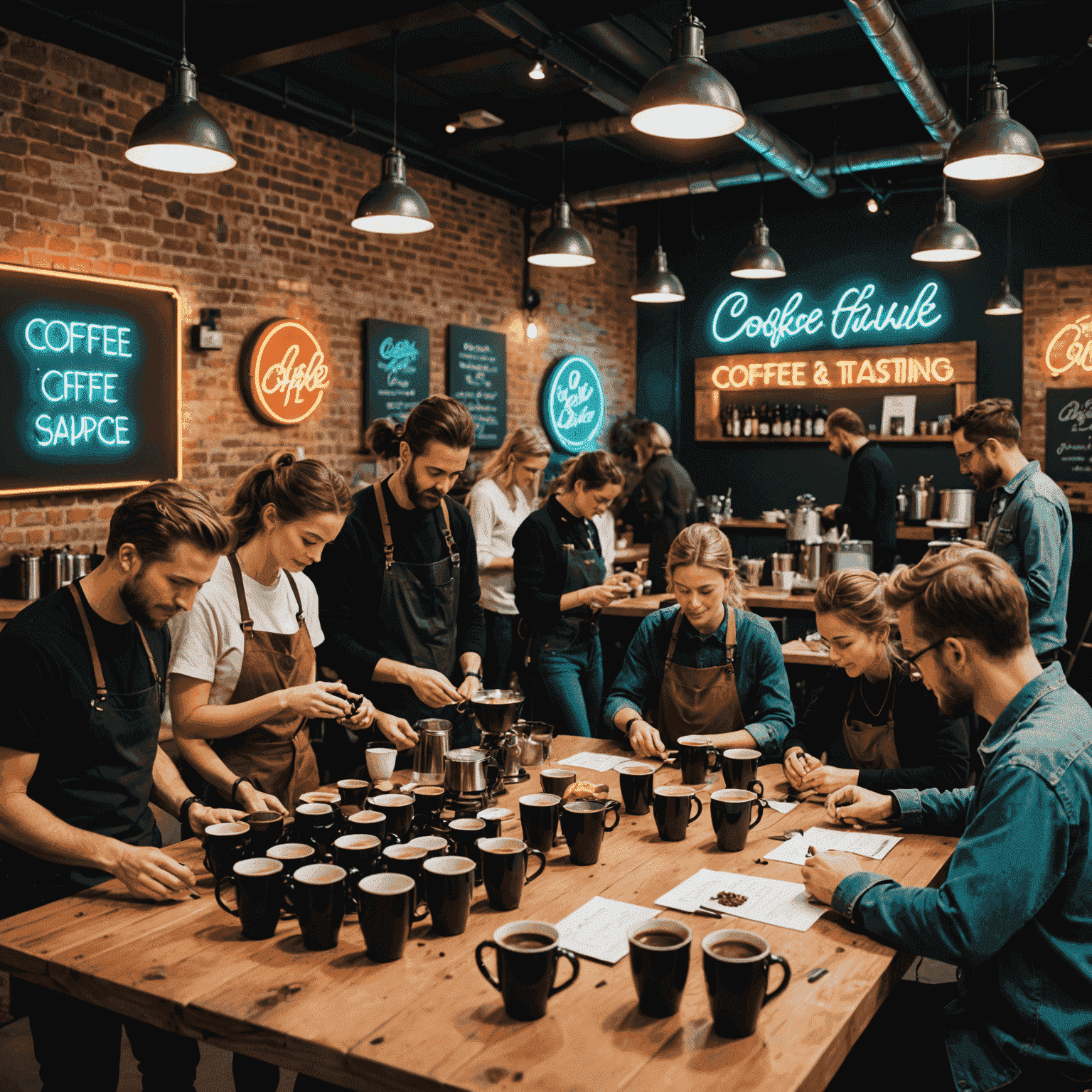 A vibrant coffee tasting event setup with various coffee beans, brewing equipment, and neon signs illuminating the space. People are gathered around a large industrial-style table, examining and smelling different coffee samples.