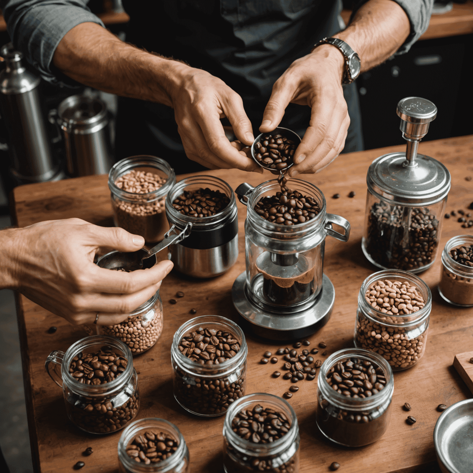 A barista carefully mixing different coffee beans to create a custom blend. The image shows various coffee bean varieties in glass jars, a scale, and the barista's hands delicately measuring and combining beans.