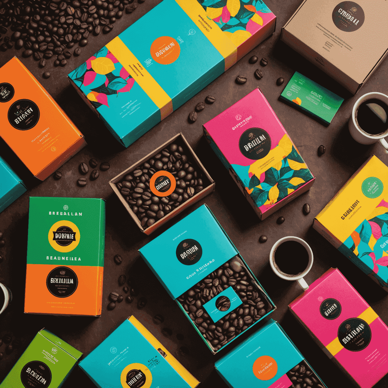 A vibrant image of various coffee subscription boxes, each featuring colorful packaging with neon accents. The boxes are filled with premium Brazilian coffee beans, showcasing different roasts and flavors.