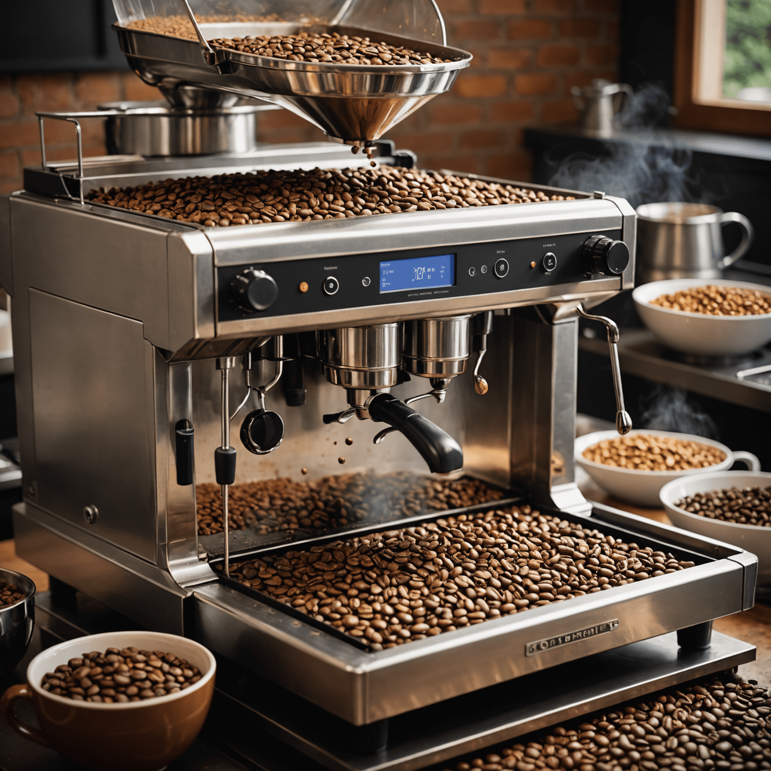 A modern coffee roasting machine in action, with golden-brown coffee beans cascading into a cooling tray. The image captures the moment of transformation, with visible heat waves and a rich, caramel color of freshly roasted beans.
