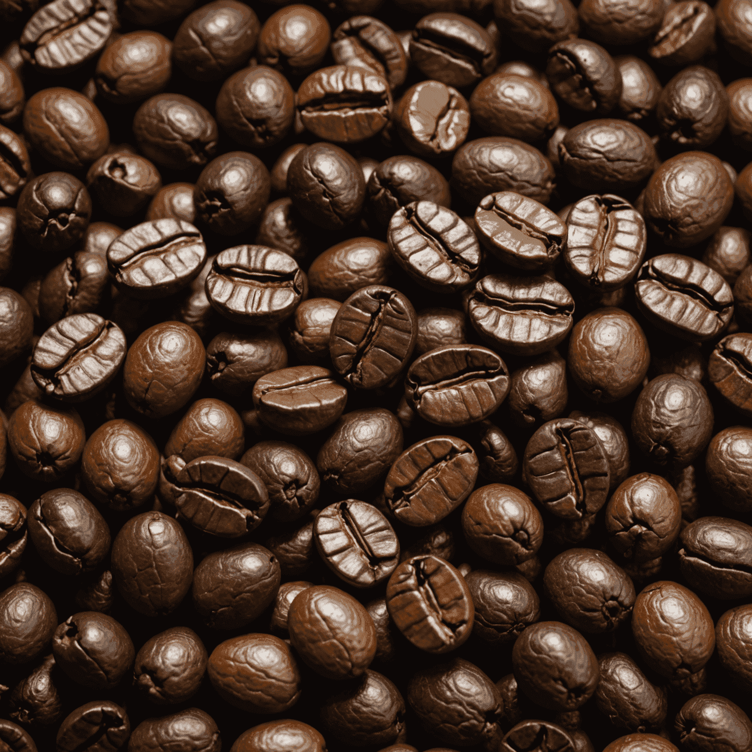 Close-up of freshly roasted Brazilian coffee beans, showcasing their rich, dark color and oily sheen