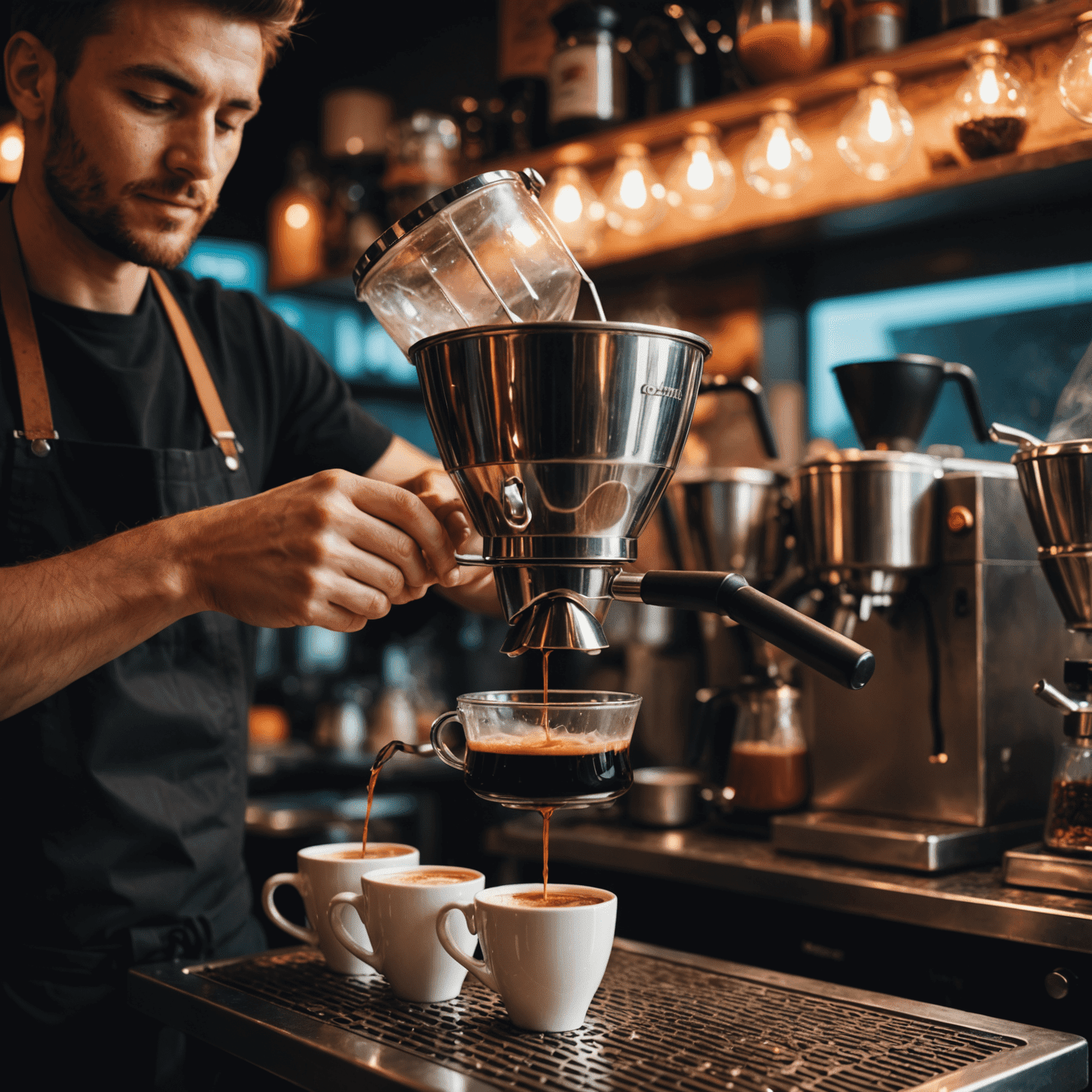 Close-up of a barista's hands performing a pour-over, with steam rising from the coffee and neon lights reflecting off the brewing equipment