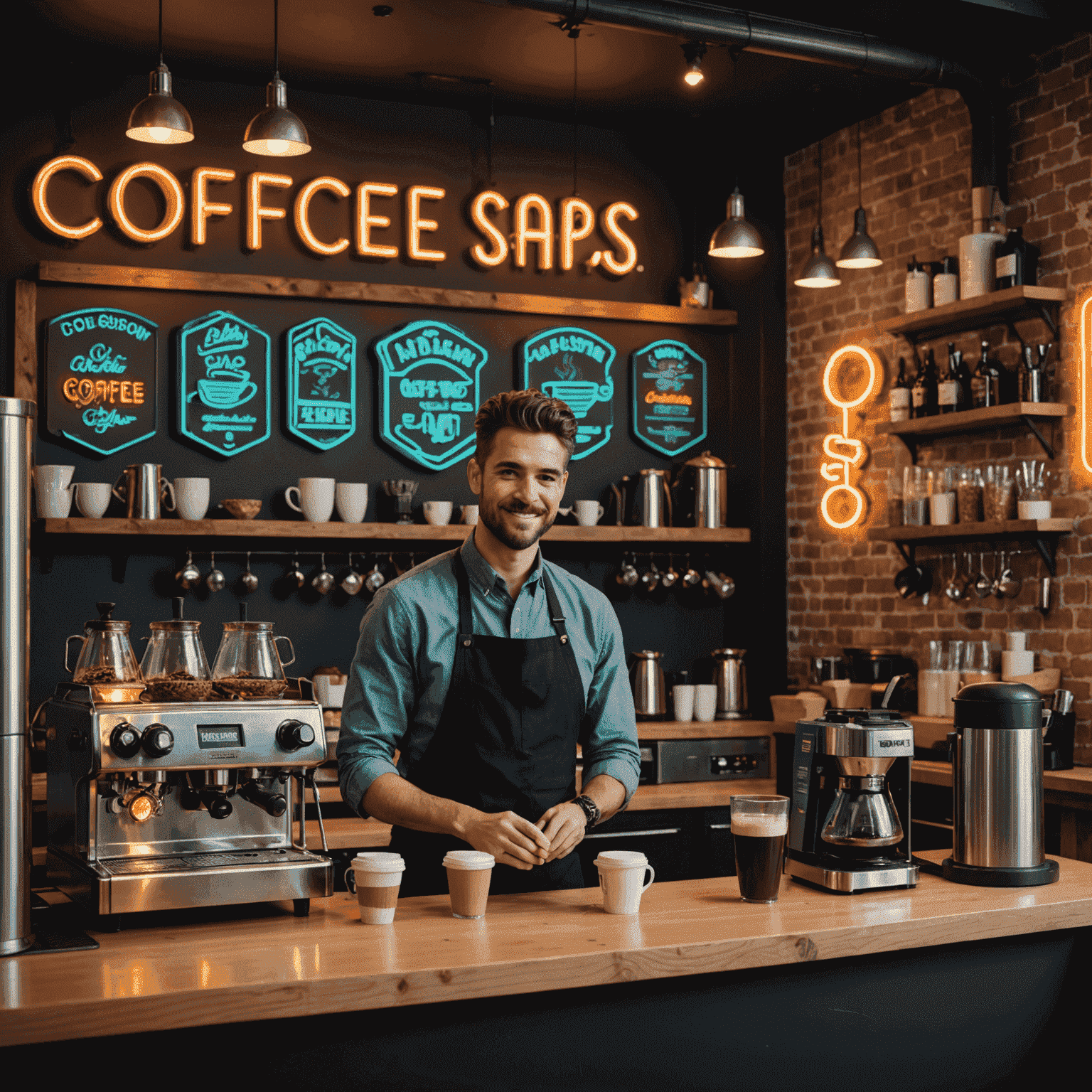 A cozy coffee shop interior with industrial elements, featuring a barista preparing seasonal coffee blends amidst neon sign accents