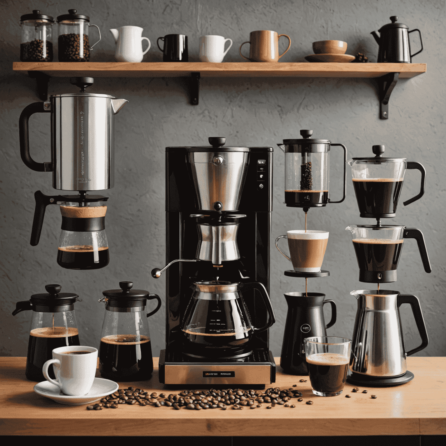 Various coffee brewing equipment including pour-over, French press, and espresso machine