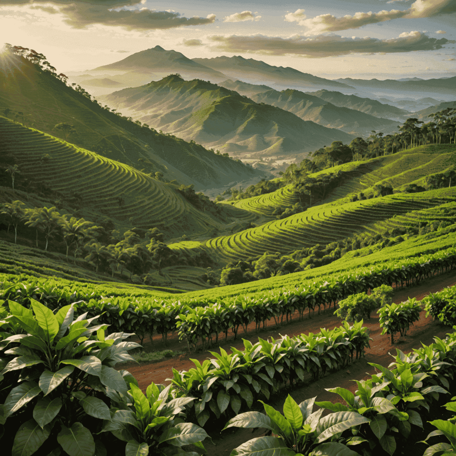 A picturesque Brazilian coffee plantation at sunrise, with rows of lush green coffee plants stretching into the distance, misty mountains in the background