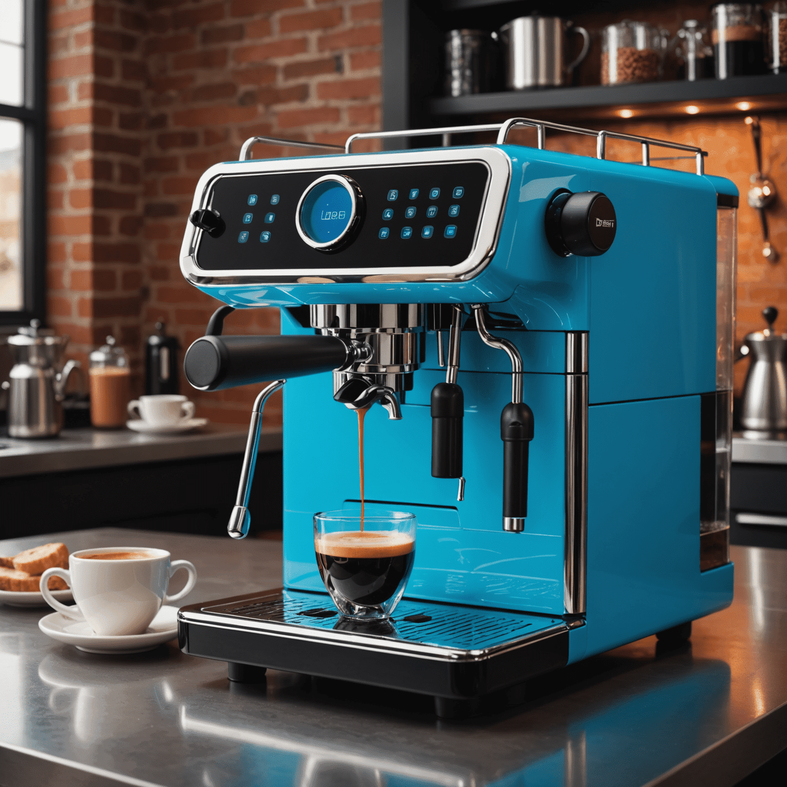 A sleek, modern espresso machine with neon blue accents, pulling a shot of rich, crema-topped espresso into a small cup