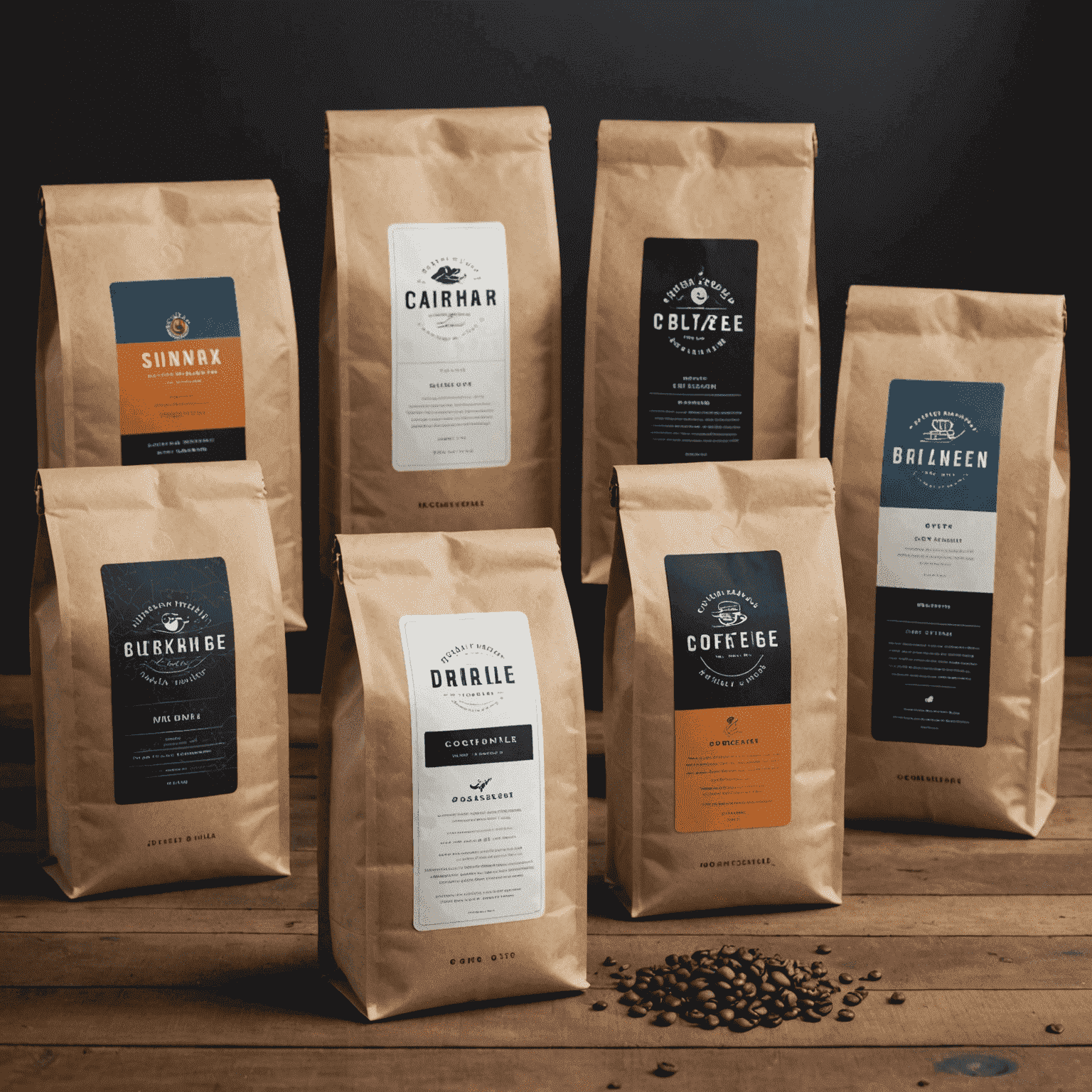 A collection of custom-labeled coffee bags showcasing various personalized blends. Each bag features unique designs and names, emphasizing the individuality of each custom blend.