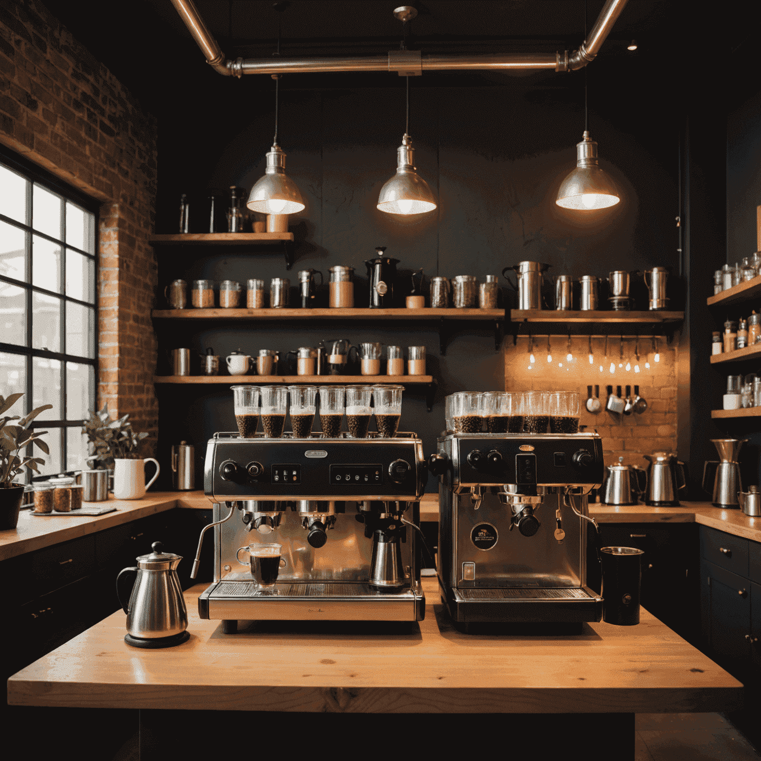 A cozy industrial-style coffee brewing setup, featuring sleek espresso machines, pour-over equipment, and bags of freshly roasted Brazilian coffee beans. The scene is illuminated by warm, neon-accented lighting, creating an inviting atmosphere.