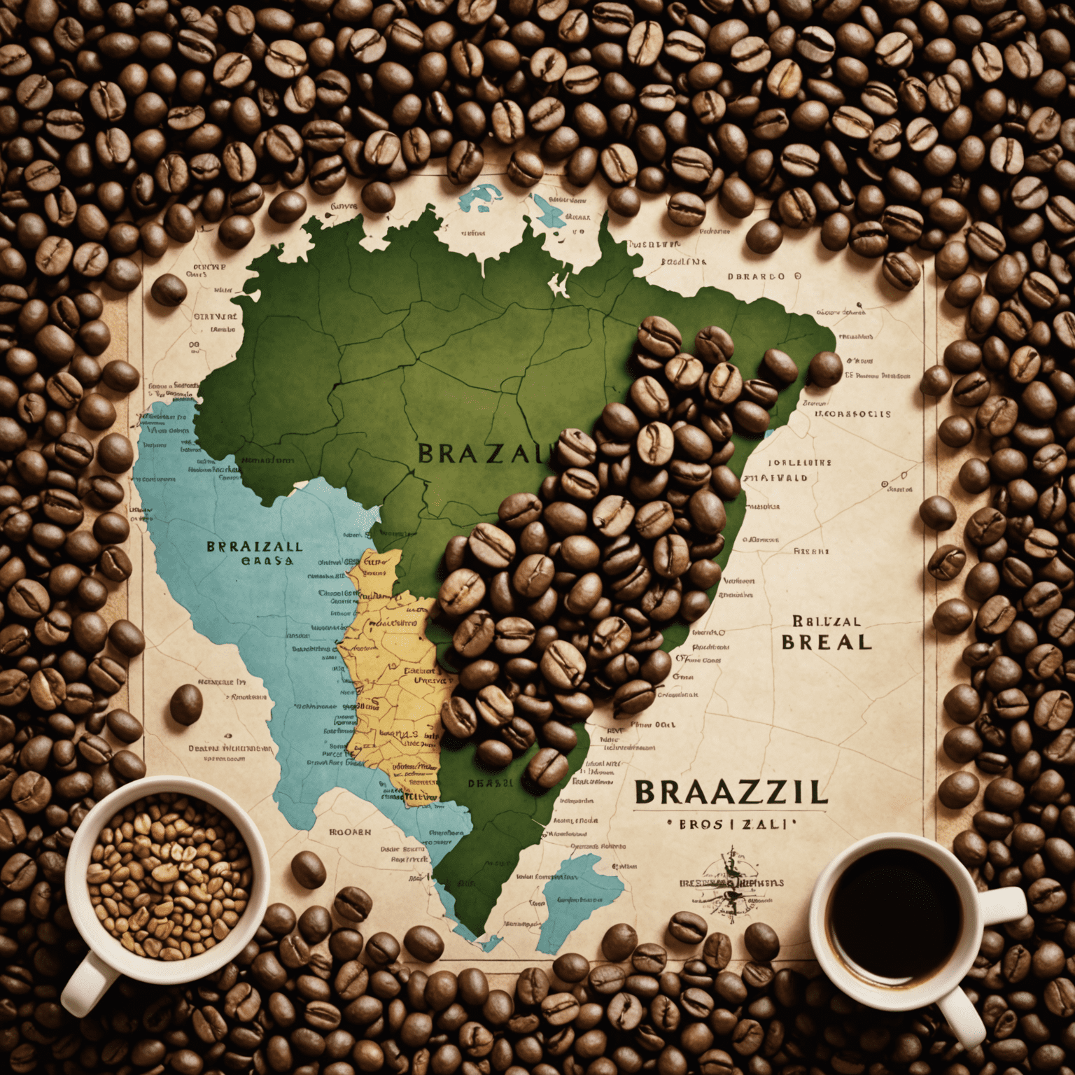 Various coffee beans from Brazil, showcasing different roasts and origins, with a map of Brazil in the background