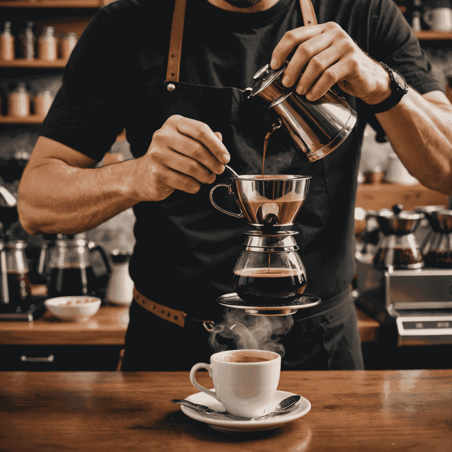 A barista carefully preparing a cup of Brazilian coffee using a pour-over method, with steam rising from the rich, dark brew