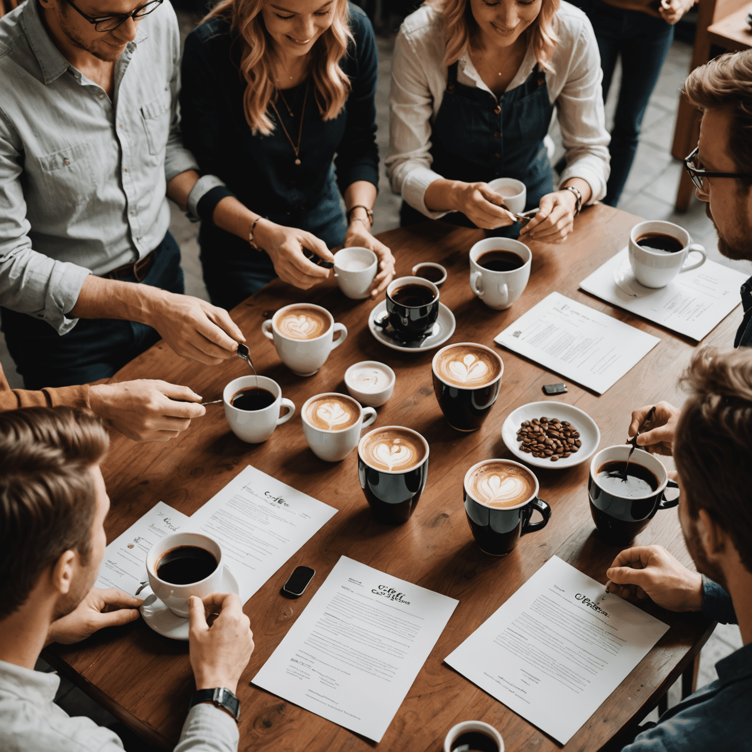 A group of people participating in a coffee tasting event, with various coffee cups and tasting notes
