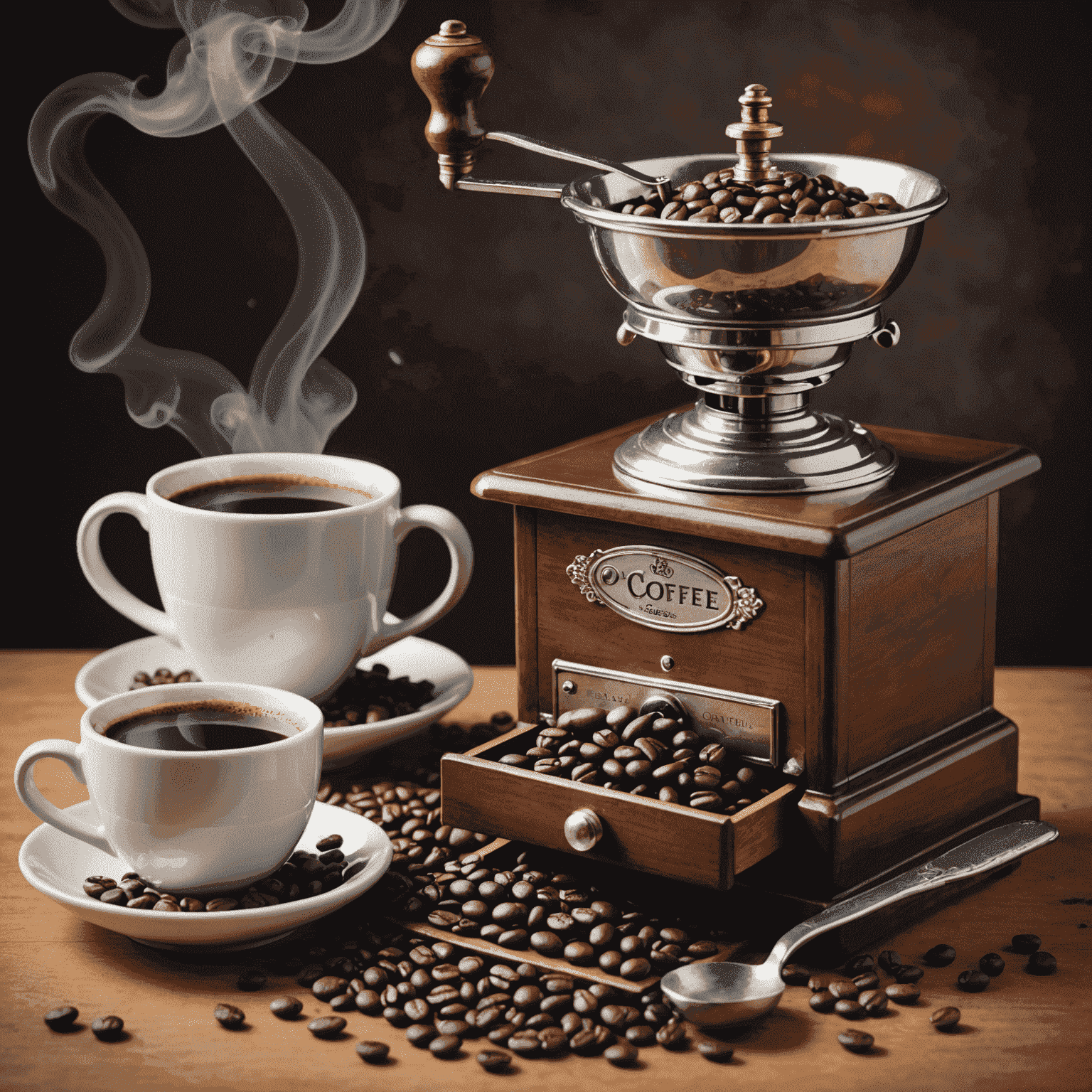 A steaming cup of light roast coffee next to whole beans and a grinder, emphasizing the fresh and artisanal nature of the coffee