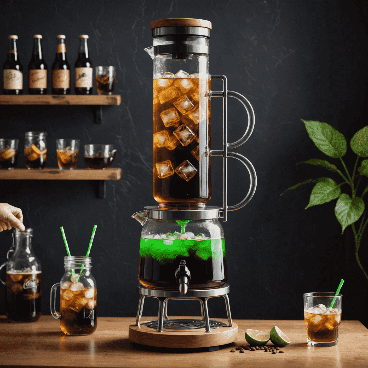 A large cold brew tower with glowing neon green accents, slowly dripping coffee into a carafe filled with ice cubes