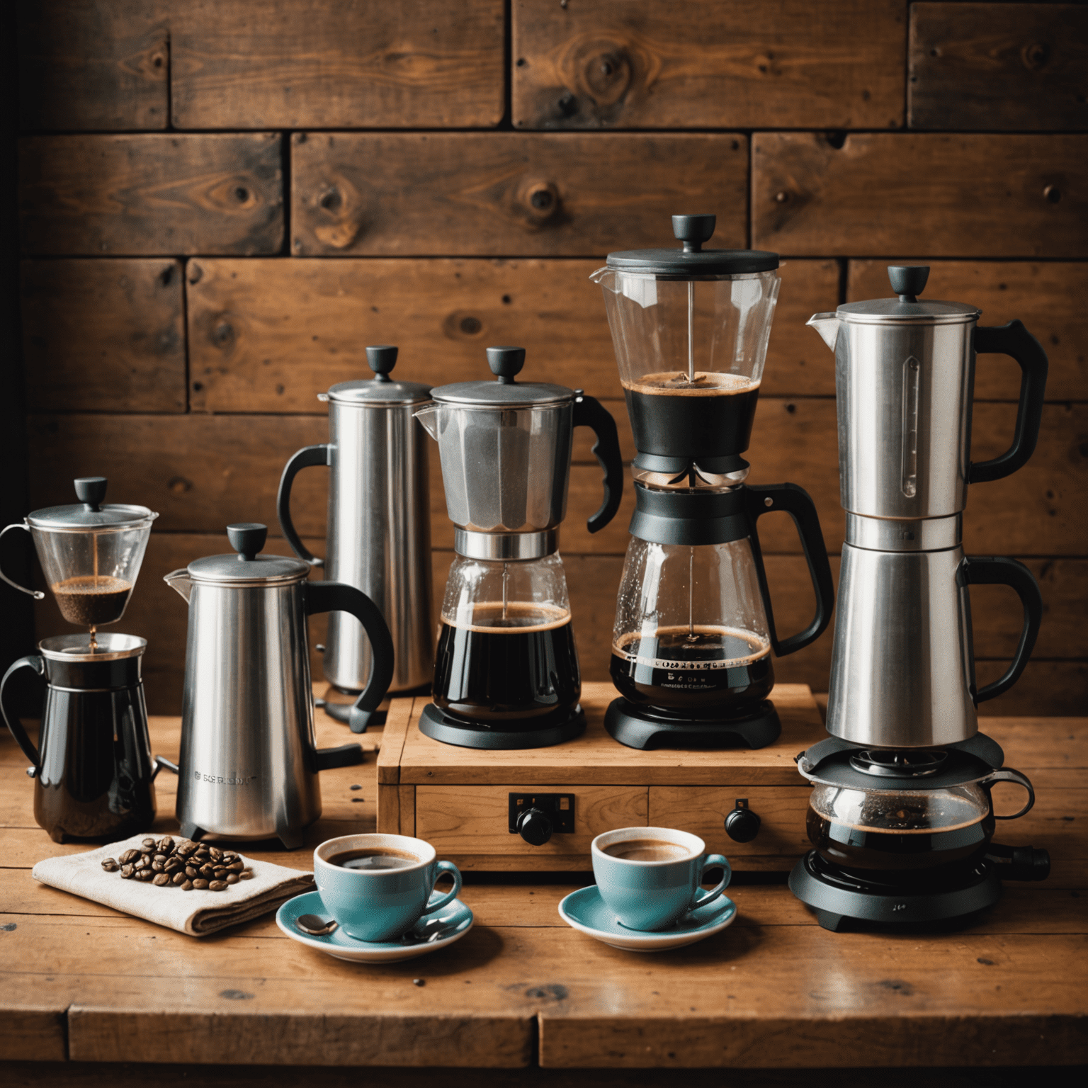 Various coffee brewing equipment including a pour-over setup, French press, and espresso machine, arranged on a rustic wooden table
