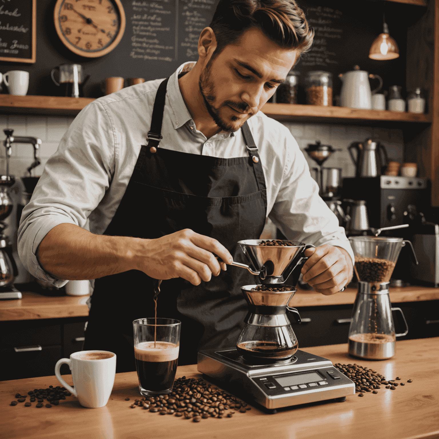 A barista creating a custom coffee blend, with various coffee beans and a scale