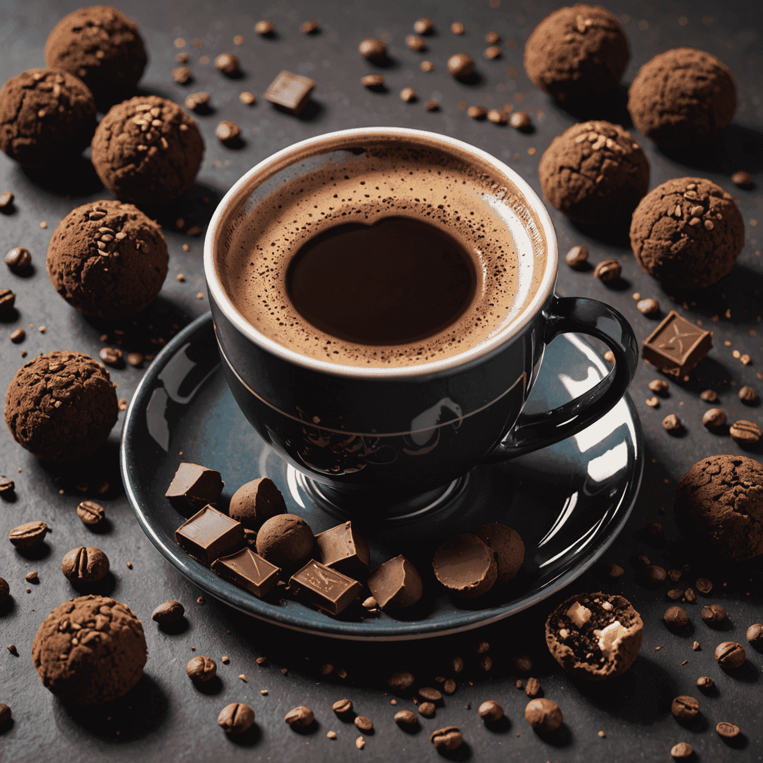 A rich, dark cup of coffee next to chocolate truffles and cacao nibs, suggesting the deep, complex flavors of the dark roast