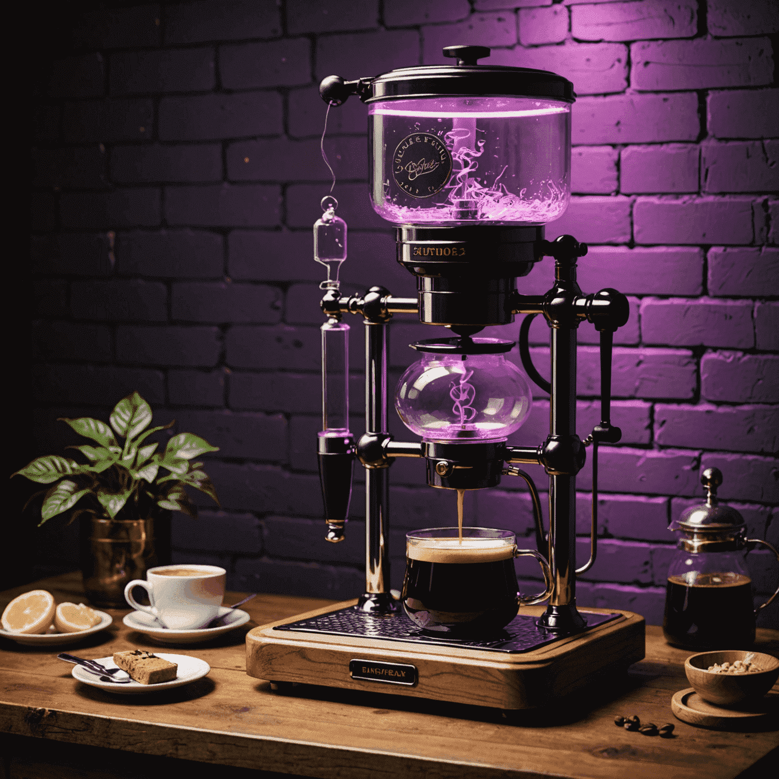A vintage-inspired siphon coffee maker with purple neon lighting, creating a mesmerizing brewing spectacle on a rustic wooden counter