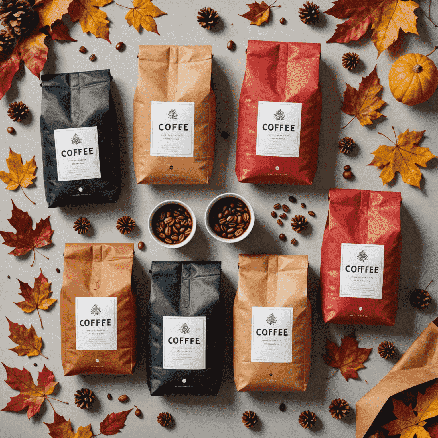 A collection of coffee bags featuring vibrant, seasonal designs, surrounded by autumn leaves and winter decorations