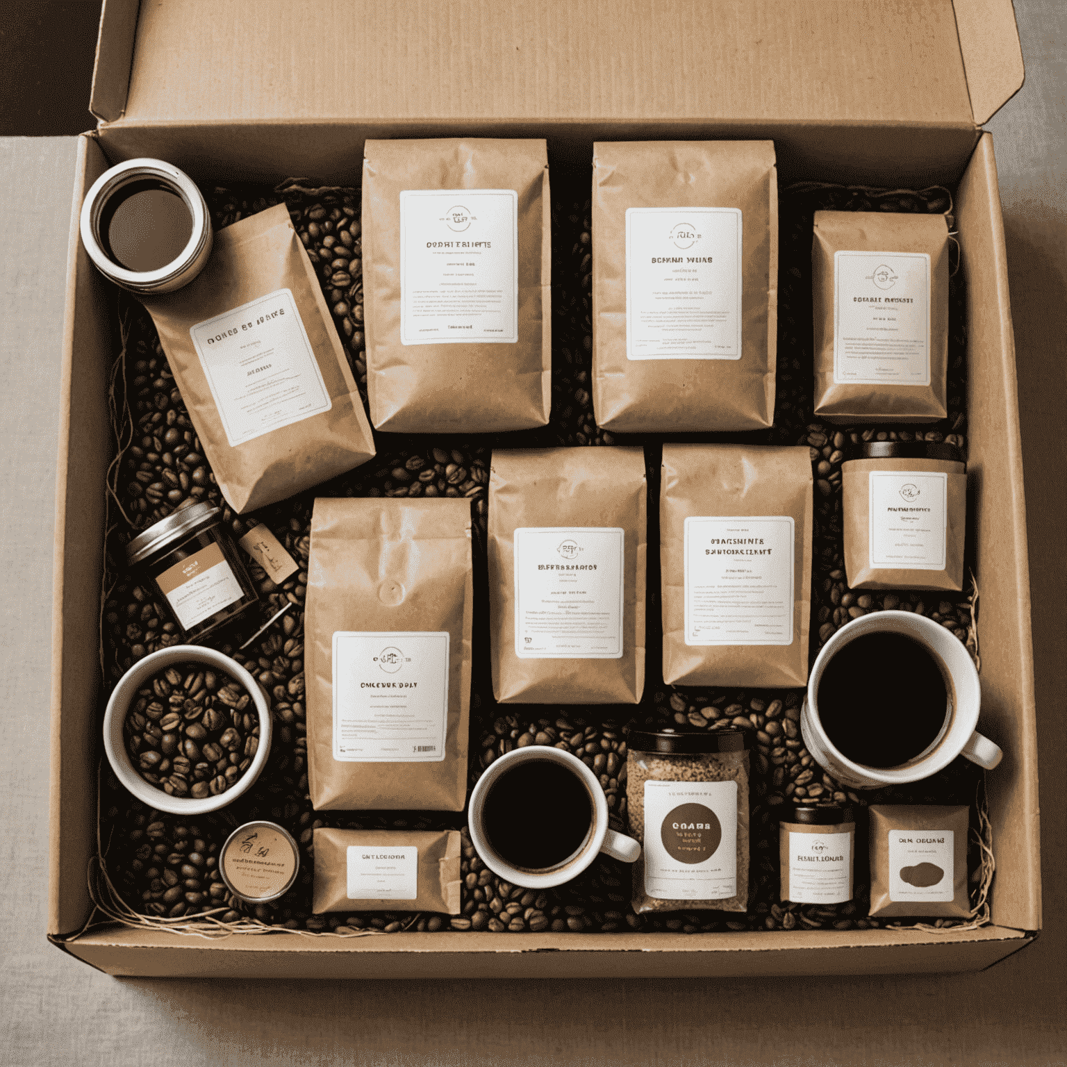 A subscription box filled with various coffee bags, brewing accessories, and a personalized note